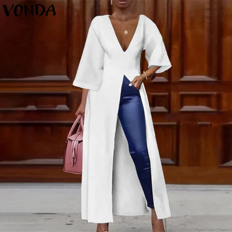

VONDA Women Sexy V Neck Split Hem Long Shirts Cocktail Party Sexy Dress OL Office Long Blouses Female Holiday Vestidos Plus Size