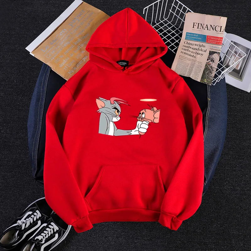 Красный Женская толстовка с капюшоном Tom& Jerry, толстовка, милый пуловер и шапка с героями мультфильмов, спортивный костюм в стиле Харадзюку - Цвет: Красный