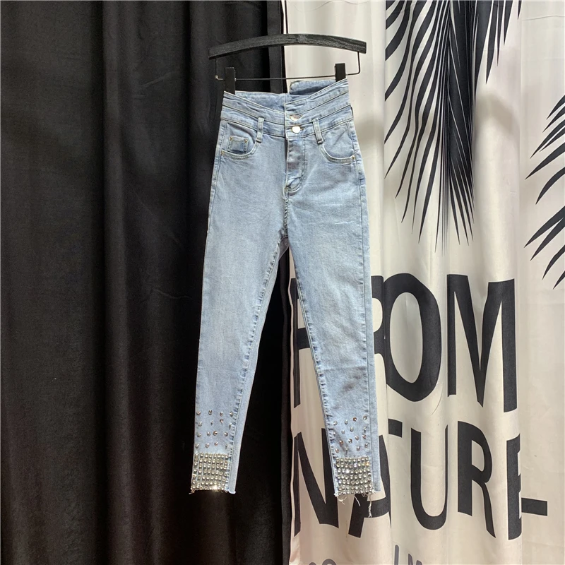 Women High Waist Denim Jeans Slim Casual Tight Long Pocket Pencil Pants Trousers