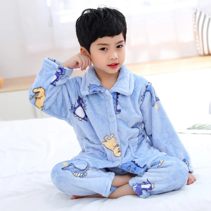 children's robe and slipper set New 2020 Kids Boys Girls Autumn Winter Flannel Warm Pajama Sets Cartoon Print Lapel Tops with Pants Sleeping Clothing Sets baby robe  Sleepwear & Robes