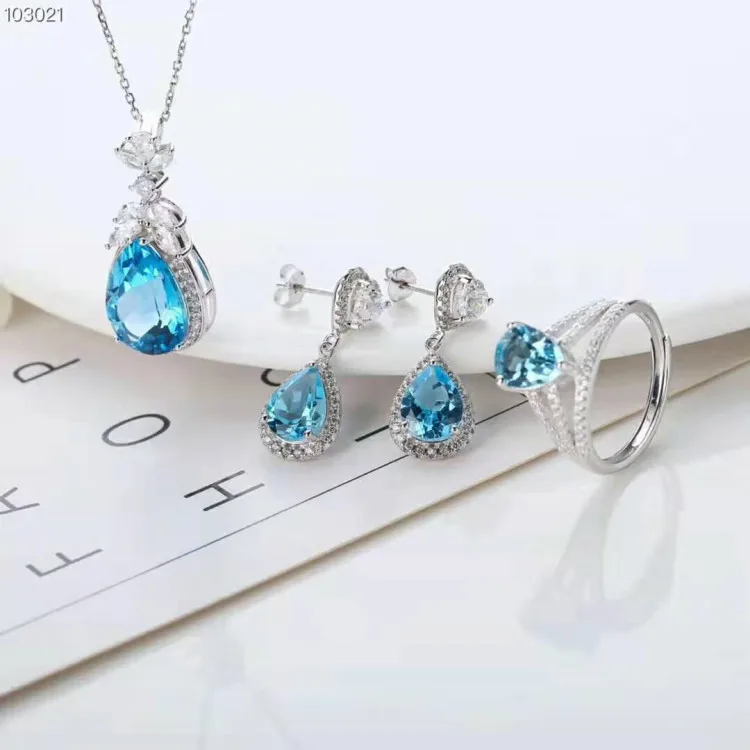 

Europe And America Fashion Gemstone Set 925 Silver Set with Topaz Pendant Ring Earrings Set