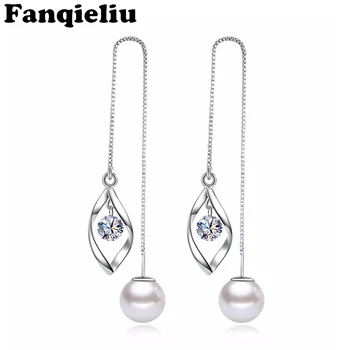 

Fanqieliu Shinning Pure 925 Sterling Silver Long Ear Line Zircon Drop Earrings Female Pearl Dangle Earrings For Women FQL193263
