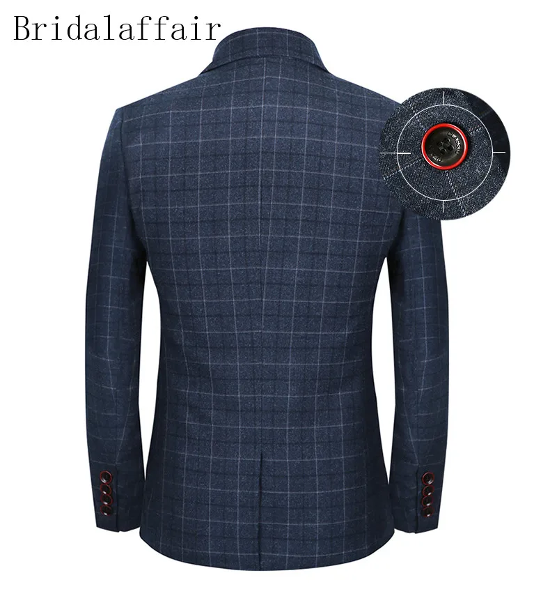 KUSON Three-piece Male Formal Business Plaids Suit for Men's Fashion Boutique Plaid Wedding Dress Suits 2 Colors Navy Grey
