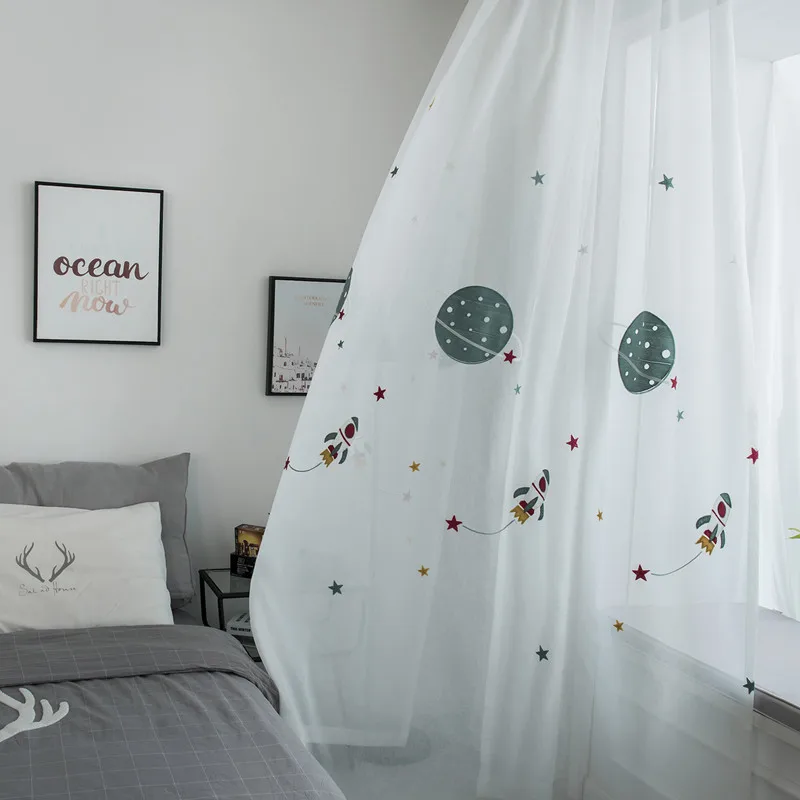 

Cartoon Black Curtains Tulle For Children's Bedroom blackout Embroidery Yarn in Outer Space For Boy's Room kids Window Treatment