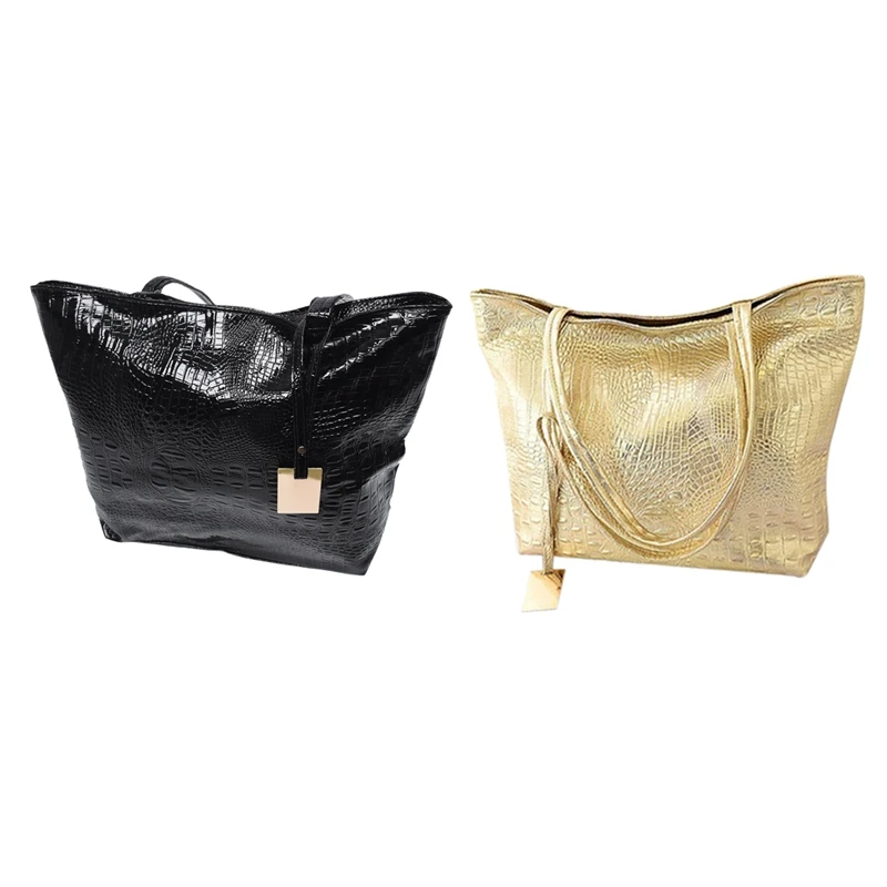 

2 Pcs Shoulder Bags Hot Casual Crocodile Women Big Tote Bag Ladies Handbags Bags for Women, Gold & Black