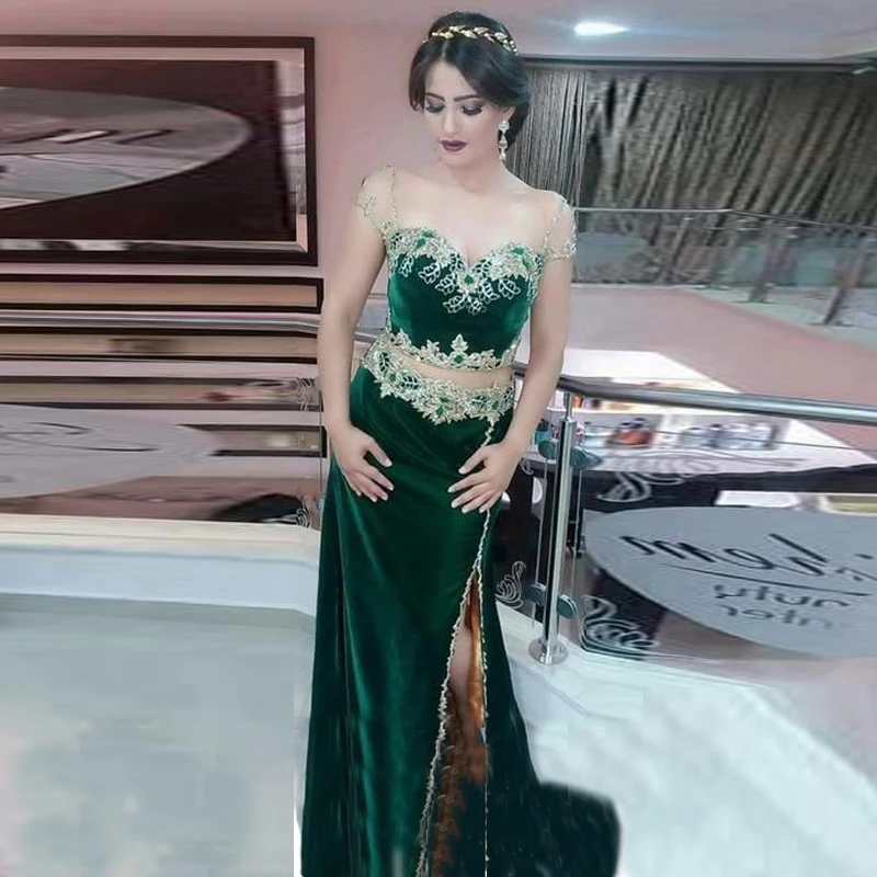 

Eightale Two Piece Evening Dress Appliques Cap Sleeves Kaftan Velvet Green Arabic Dubai Side Split Mermaid Prom Party Dress