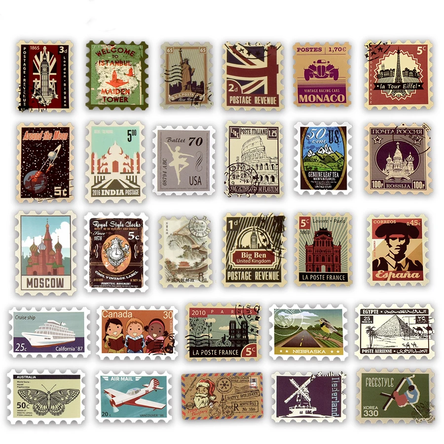 50pcs Retro Various Countries Stamps Vinyl Stickers DIY To Laptop Skin Refrigerator Luggage Decal For Macbook Air/Asus/Xiaomi/HP