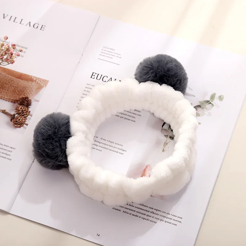 Elastic Cute Panda Ear Soft Carol Fleece Headband for Women Makeup Shower Washing Face Spa Mask Head Wraps