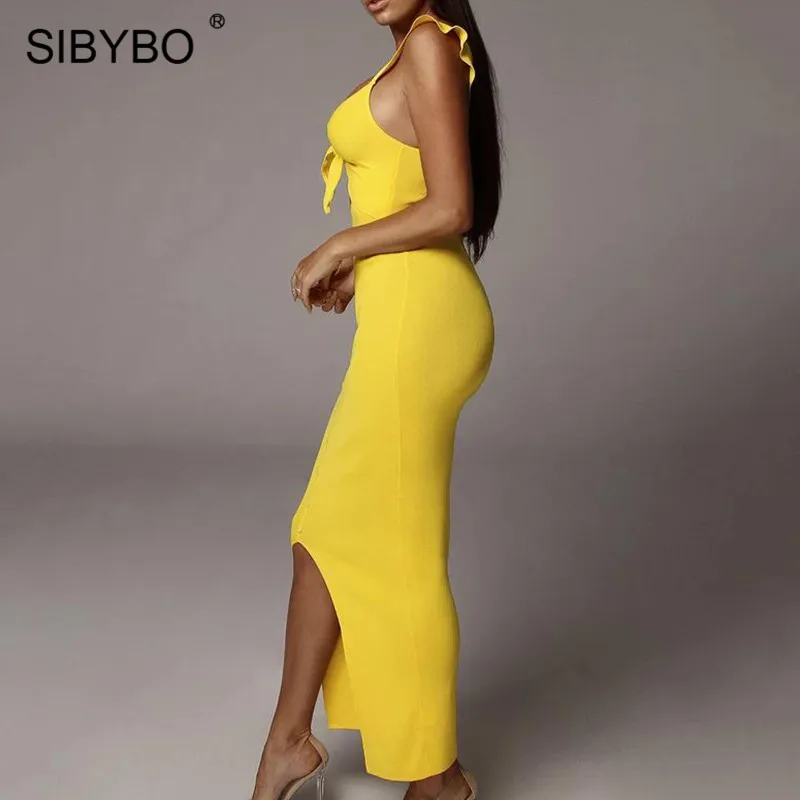 SIBYBO, сексуальное длинное платье с вырезом и бантом, на тонких бретелях, с v-образным вырезом, в рубчик, осеннее платье, женские вечерние платья на пуговицах с открытой спиной