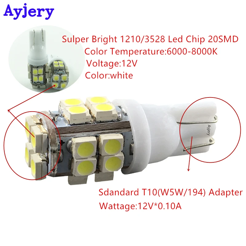 Ayjery оптом! 500 шт. T10 W5W 194 168 1210 20 светодиодные лампы SMD парковочный сигнал обратная Лицензия плиты просвет Автомобильные фары DC12V