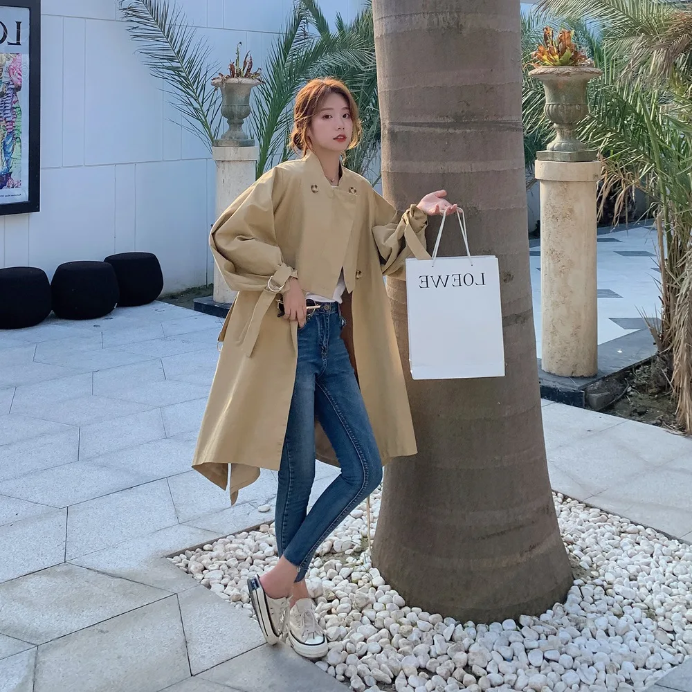 

Photo Shoot Sense of Design Mid-length Lantern Sleeve Coat 2020 Spring New Style Retro Laziness-Style Double Breasted Trench Coa