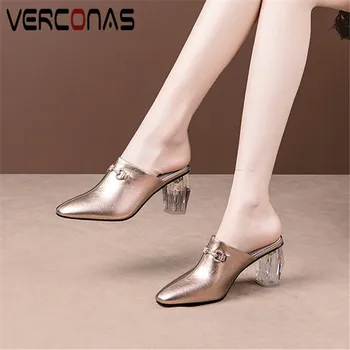 

VERCONAS Office Lady Woman Pumps Woman Sandals Summer Genuine Leather Mules Rhinrstone Square Toe High Heels Shoes Woman