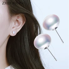 ZHBORUINI Pearl Earrings 925 Sterling Silver Jewelry For Women 7-10mm Oblate Stud Earring Natural Freshwater Gift