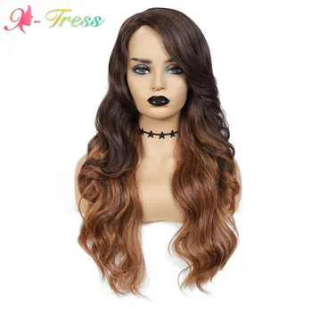 

X-TRESS Long Lace Part Ombre Brown Wavy Wigs Natural Side Part 24 Inch Synthetic Wig for Women Cosplay Heat Resistant Hair