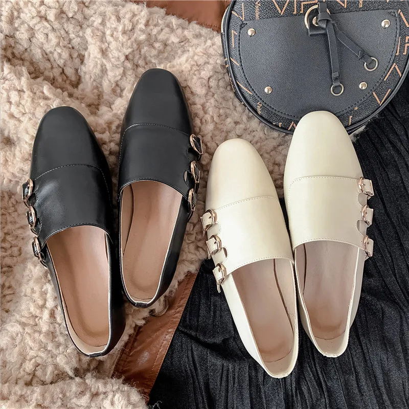 FEDONAS Top Quality Genuine Leather Female Newest Loafers Metal Buckle Women Flats Spring Shallow Casual Office Shoes Woman