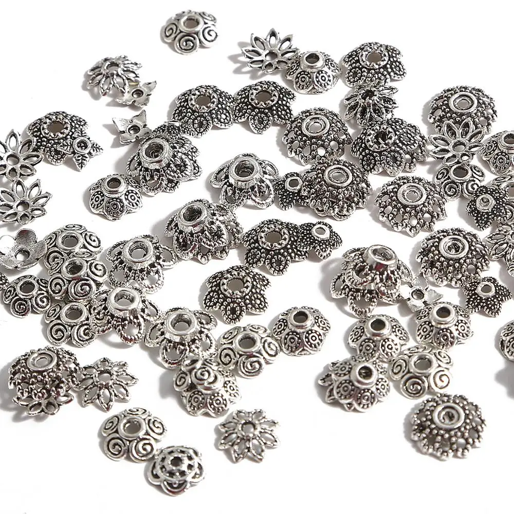 En oferta Tapas de extremo de cuentas de flor de Color plata antigua tibetana, accesorios de costura DIY, 50-100 Uds., venta al por mayor NyoXdgBoa