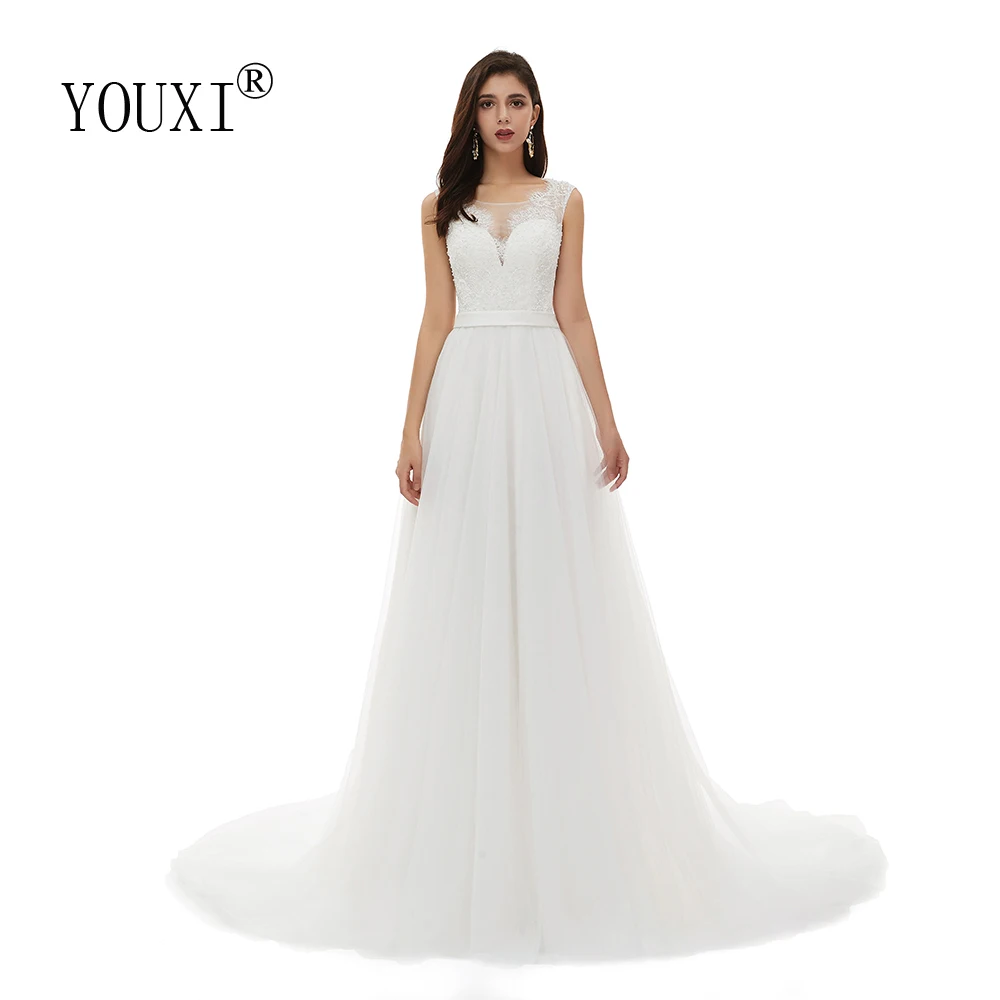 

YOUXI Sexy Plunging V- Neck Wedding Dress 2020 New Appliques Lace Pearls A- Line Bride Formal Dress