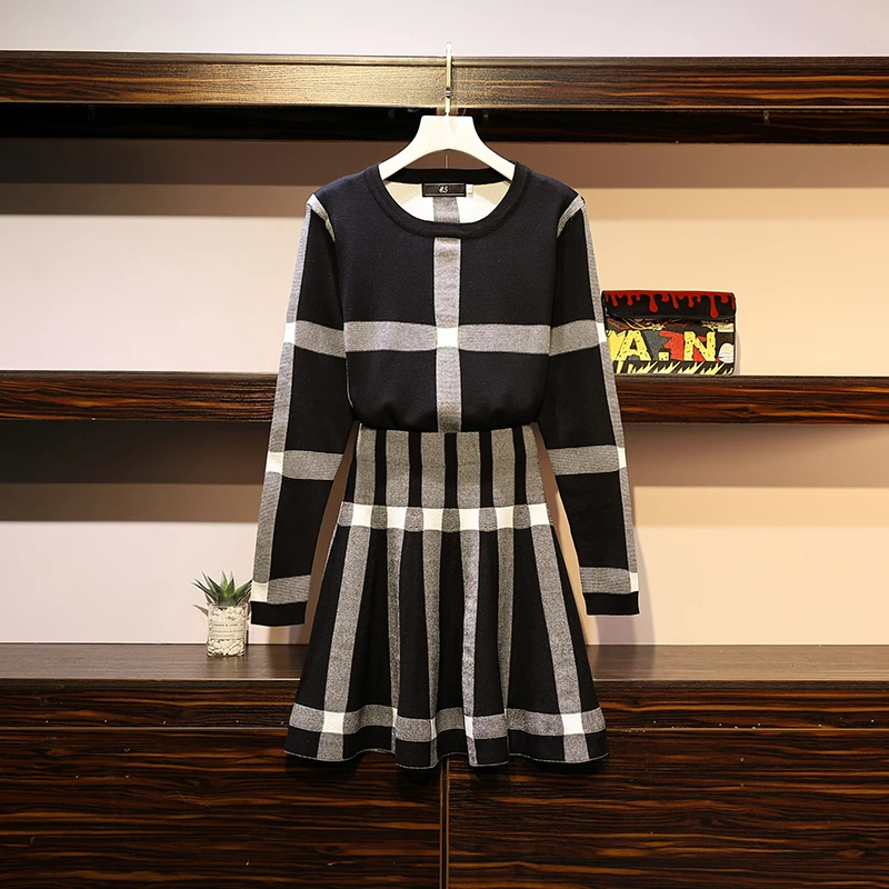 

Fat Size Female Dress Fat Sister Fashionable Slender Knitted Sweater + A-skirt Two-piece Set In Autumn 2019