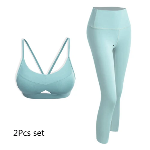 Gray green 2Pcs Set 2 шт., женские комплекты для йоги, одежда для спортзала, спортивные Леггинсы с высокой талией, штаны для йоги, бега, сексуальный пуш-ап спортивный бюстгальтер, спортивная одежда, комплект для фитнеса - Цвет: Gray green 2Pcs Set