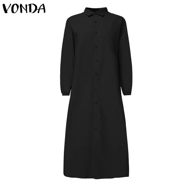 Платье для беременных VONDA, Женская однотонная туника с отложным воротником, богемное платье, повседневное свободное платье, женский сарафан для беременных - Цвет: Черный