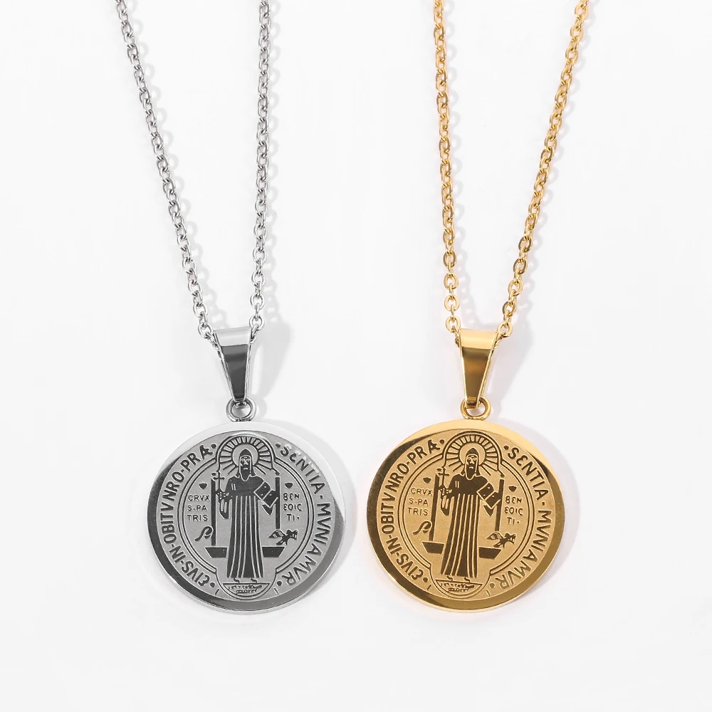 

Catholic Saint Benedict Medallion Pendant Necklace for Women Men Gold Silver Color Stainless Steel San Benito Collares Jewelry