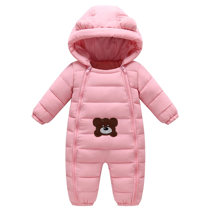 pink Зимняя одежда для новорожденных; теплый комбинезон на утином пуху; хлопковый комбинезон для девочек; комбинезон для мальчиков с капюшоном и медведем; комбинезоны; детская одежда - Цвет: pink