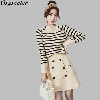 

Sweater And Skirt Set 2020 Spring Fall Fashion Striped Comfortable Soft Knitted Pullover Tops+ Double-breasted Skirt 2 Piece Set