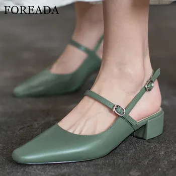 

FOREADA Natural Genuine Leather Med Heels Woman Slingbacks Pumps Buckle Block Heel Shoes Square Toe Ladies Footwear Green Yellow