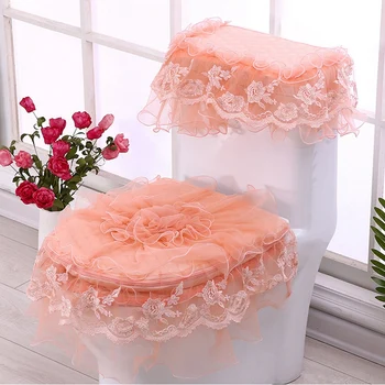

3-Piece Lace Embroidery Toilet Seat Cushion Water Tank Cover Top Cover Toilet Cushion Set Seat Cover Dust Decoration