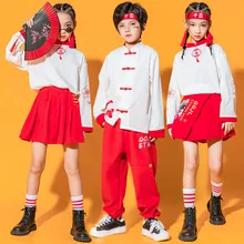 

Chinese Traditional New Year Hanfu White Shirt Top Red Pants Skirt for Girls Boys Stage Dance Performance Costume Clothes
