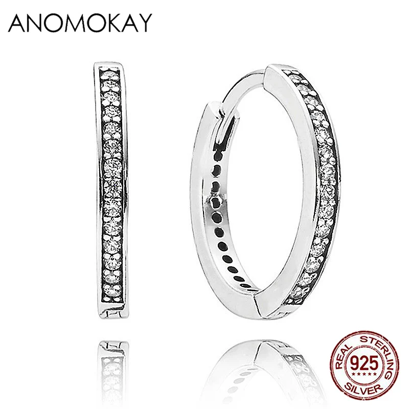 Anomokay 925 Sterling Silver CZ Female Hoop Earrings Jewelry for Women Simple Round S925 Silver Jewelry Gift for Party