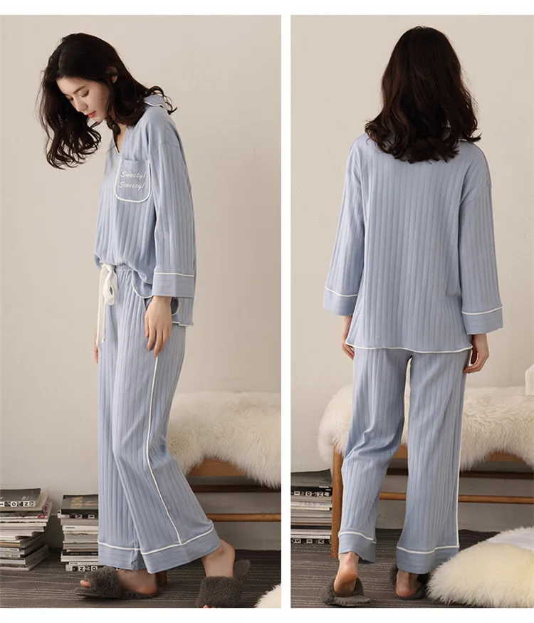 Женская пижама большого размера, Повседневная хлопковая одежда для сна, 2 предмета, длинный рукав и штаны, теплый пижамный комплект, Женская домашняя одежда, пижамы
