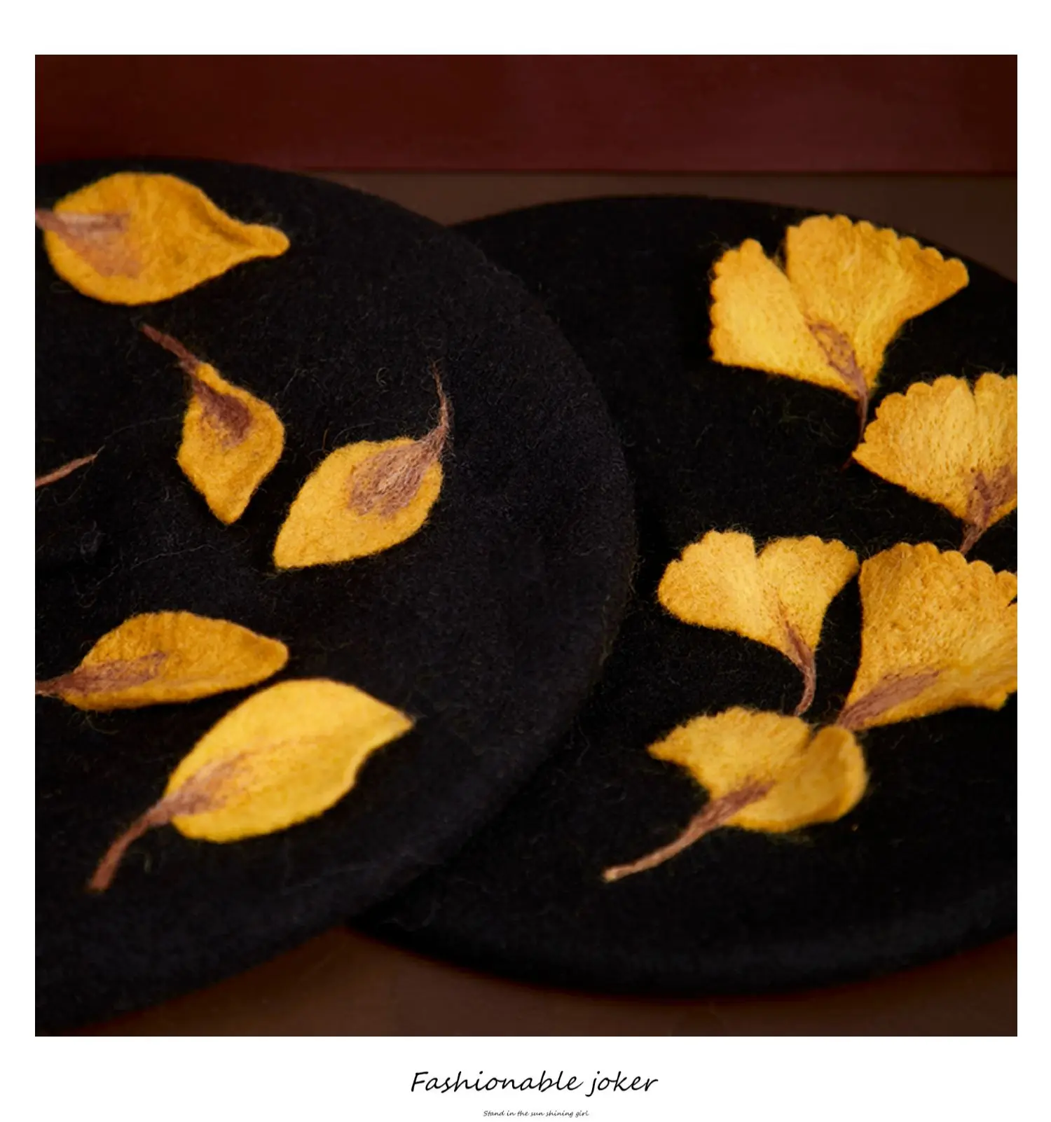 Ginkgo biloba, ручная работа, шерстяная осенняя и зимняя дикая черная шляпа, шляпа художника, творческие подарки