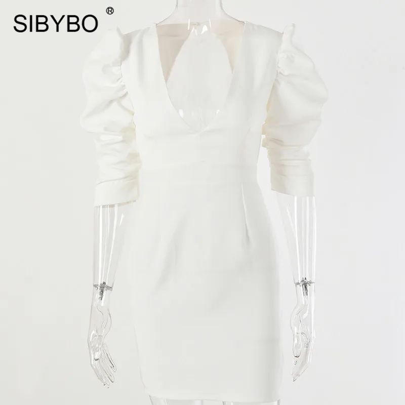 Белый SIBYBO сексуальное облегающее платье с глубоким v-образным вырезом и открытой спиной, женское летнее мини-платье с коротким рукавом, белые вечерние элегантные платья - Цвет: Белый