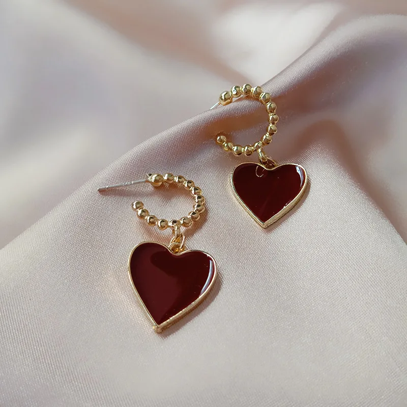 

Dark Red Enamel Love Heart Drop Earrings For Women Gold Color Earring 2020 Fashion Wedding Brides Jewelry Pendiente Brinco
