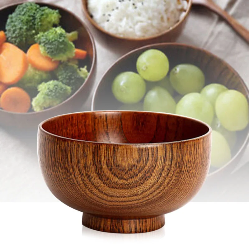 Natural Durable Wooden Bowl Soup/Salad/Fruit Rice Bowls Natural Wood Tableware