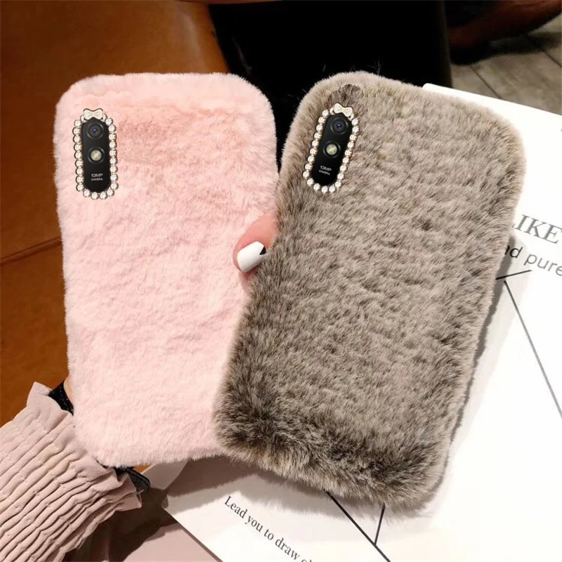 

Case For RedMi 9A lovely Plush rabbit Keep warm Phone Case For RedMi 9A Shiny diamond Silicone protection shockproof Back Cover
