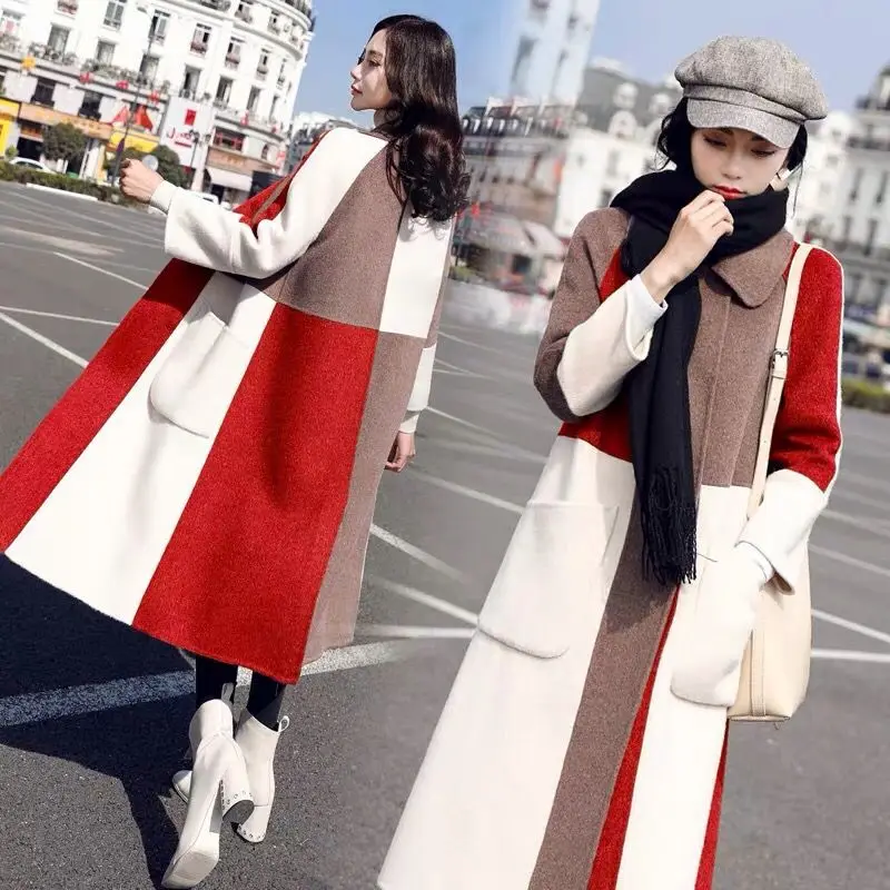 cashmere woolen coat women winter plus size fashion over coat Splicing checked coat colour collision long knee-length wool coat