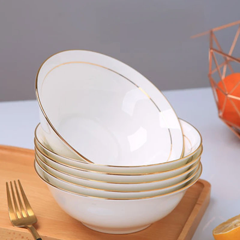 

Chinese Bone china Bowl Set Household Tableware 6/7/8 inch Large Capacity Soup Bowl Phnom Penh Simple White kitchen Dinnerware
