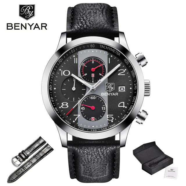 black BENYAR новые модные спортивные часы с хронографом для мужчин с кожаным ремешком брендовые деловые кварцевые синие мужские наручные часы Relogio Masculino - Color: black