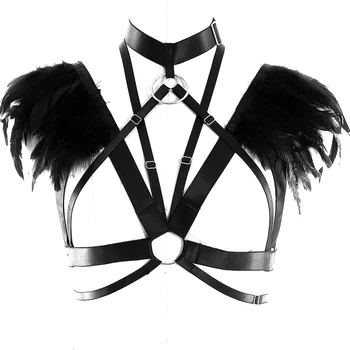 

Harness Feather Bra Black Epaulettes Crop Top Goth Punk Sexy Body Cage Chest Belt Burning Art Dance Clothes Plus Size Elastic