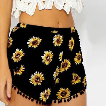 

Women Summer Casual Shorts Tassel Sunflower Elastic High Waist Shorts Female Bohemian Floral Print Beachwear Shorts