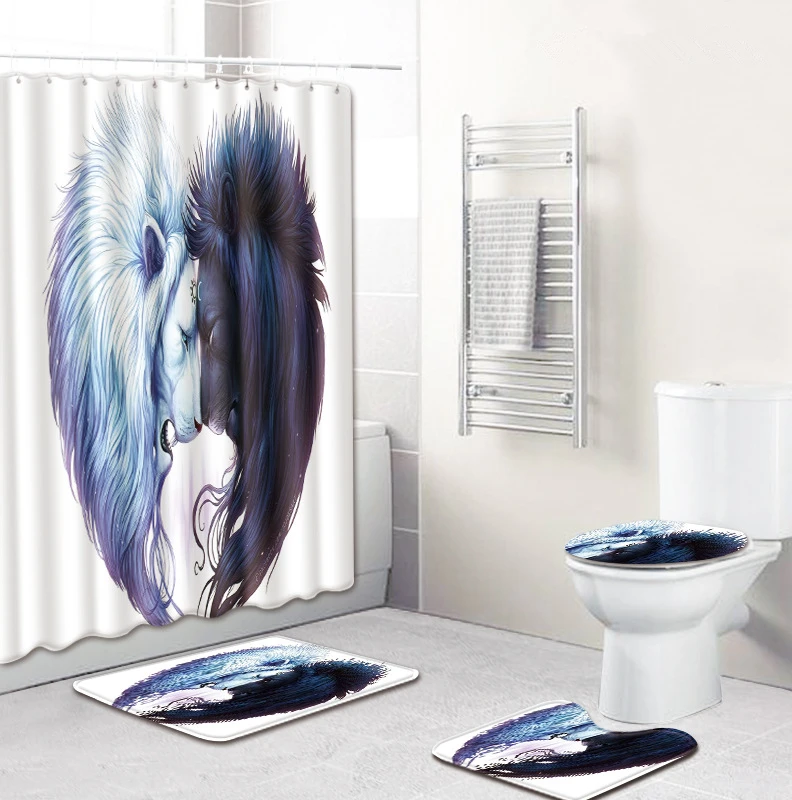 Zeegle Waterproof Bathroom Shower Curtain Printed Bath Curtain Toilet Cover Mat Non-Slip Rug 4Pcs Anti Slip Bathroom Rugs Set