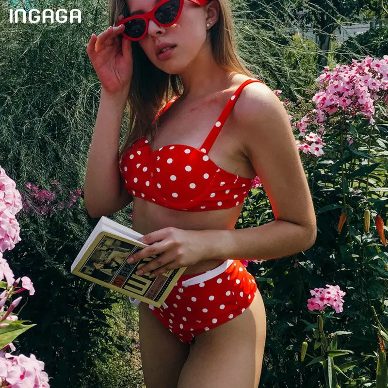 

INGAGA High Waist Bikini Polka Dot Swimwear Women Push Up Swimsuit Belted Biquini Strap Bathing Suit Women Bikinis 2019 Mujer