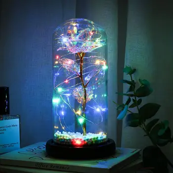 

Rose Flower in a Glass Dome Wooden Base Colorful LED Night Light Lamp Valentine