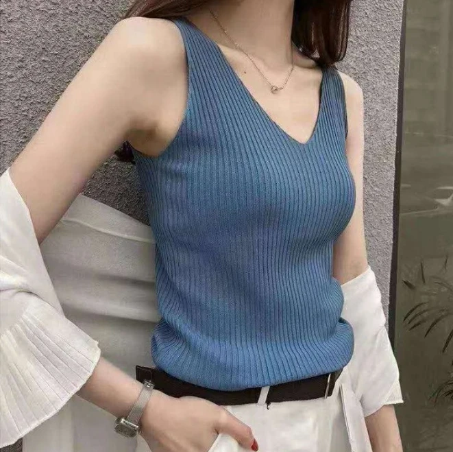 Schlankes Strickoberteil, Weste, Damen-Tanktops, V-Ausschnitt, Sommer, gestrickt, Sommer, lässig, ärmellos, eng, T-Shirts, Eisseide, geripptes Tank, ouc325 – Detail 3