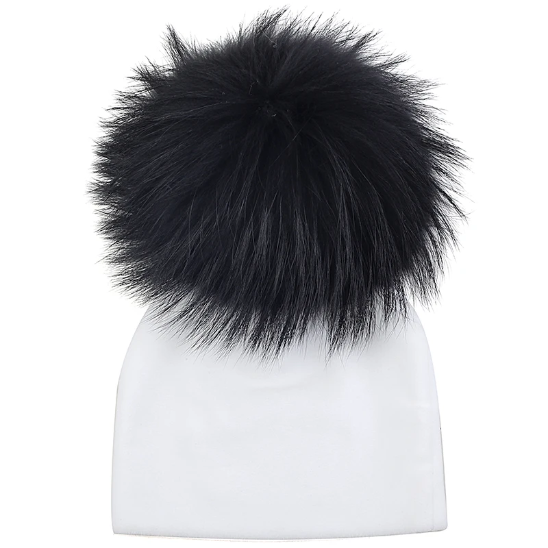 white black Nebworn зимнее теплое платье из плотной ткани, шапки-бини с 15 см енота меховым пом Шапки для маленьких мальчиков и девочек мягкая детская шляпа для малышей - Цвет: white black