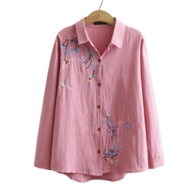 

Plus size womens autumn art style cotton and linen embroidery long-sleeved shirt loose shirt women