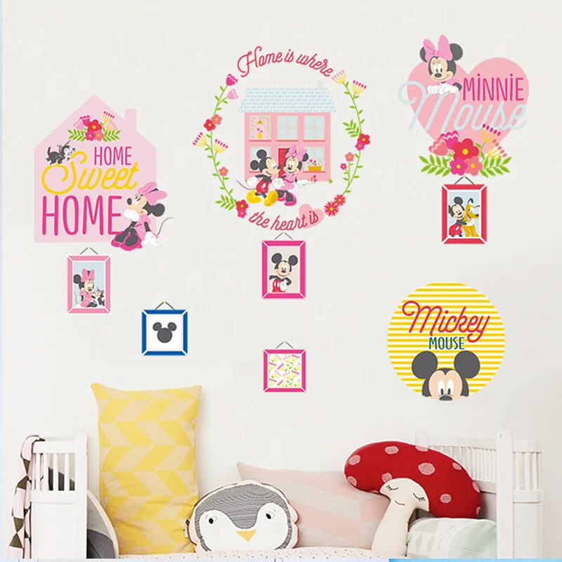 Cartoon Disney Mickey Minnie Mouse Sweet Home Wreath Wall Stickers For Kids Room Home Decor Bedroom Wall PVC Mural Art Wallpaper
