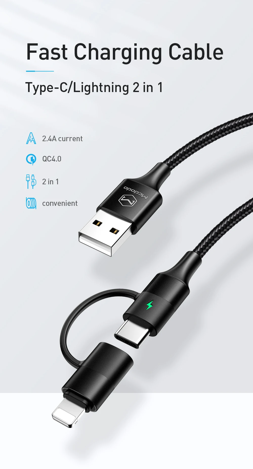 Mcdodo 2 в 1 usb type C кабель для iPhone XS MAX XR X 8 7 Быстрая зарядка USB C кабель для samsung Xiaomi телефон зарядное устройство Шнур данных